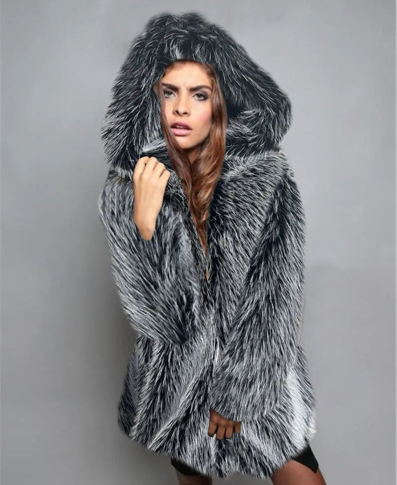 Women's silver grey artificial fur coat with loose fit and medium length design