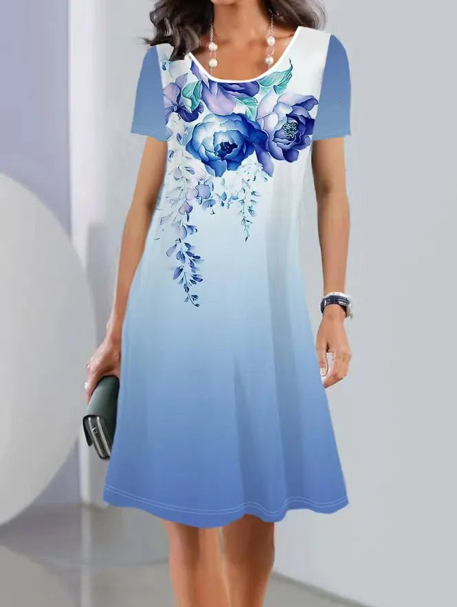 Women's floral print ice silk summer dress with A-line mid-length skirt and short sleeves