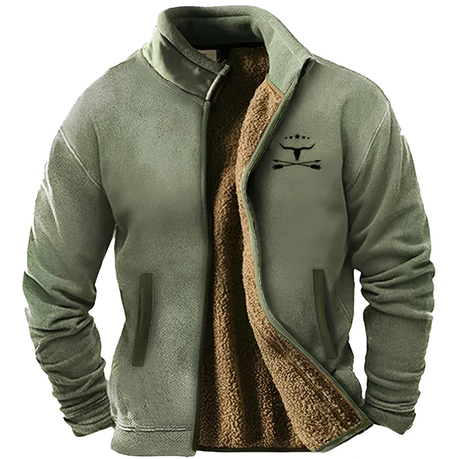 Men's green polyester fleece padded coat on a hanger, showing regular fit and front zip.