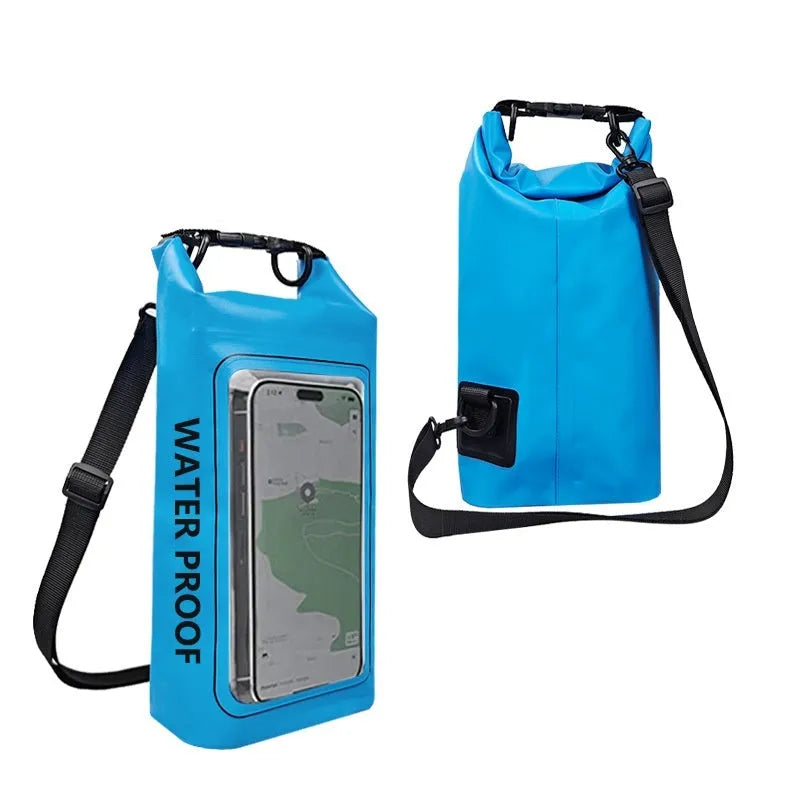 Black waterproof crossbody PVC bag for mobile phones, shown in 2L and 5L sizes.