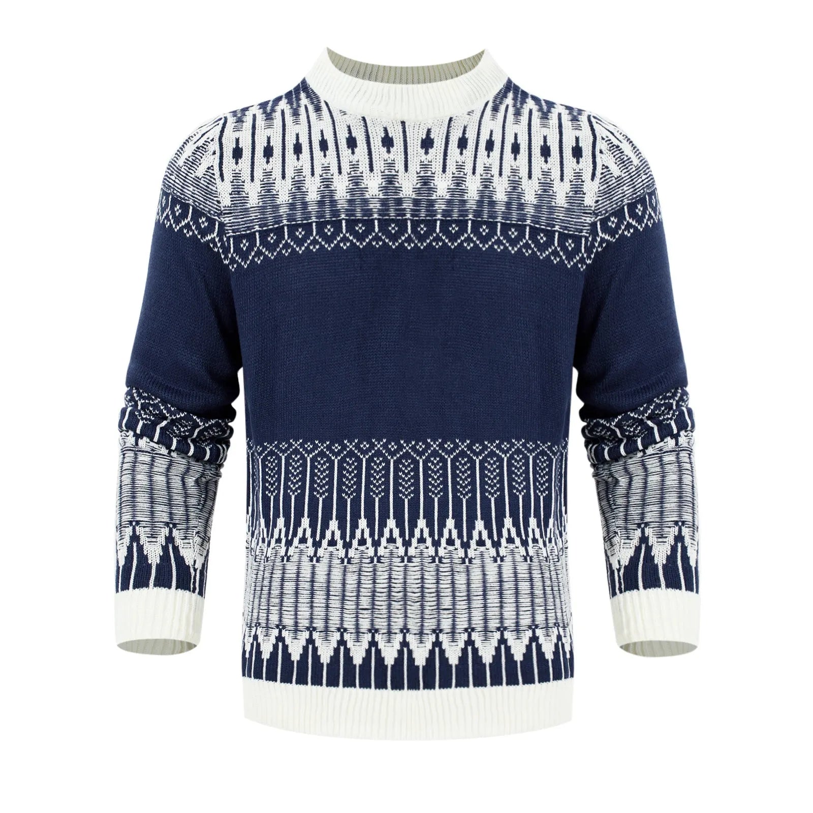 Men's grey knitted crew neck pullover sweater on a hanger.