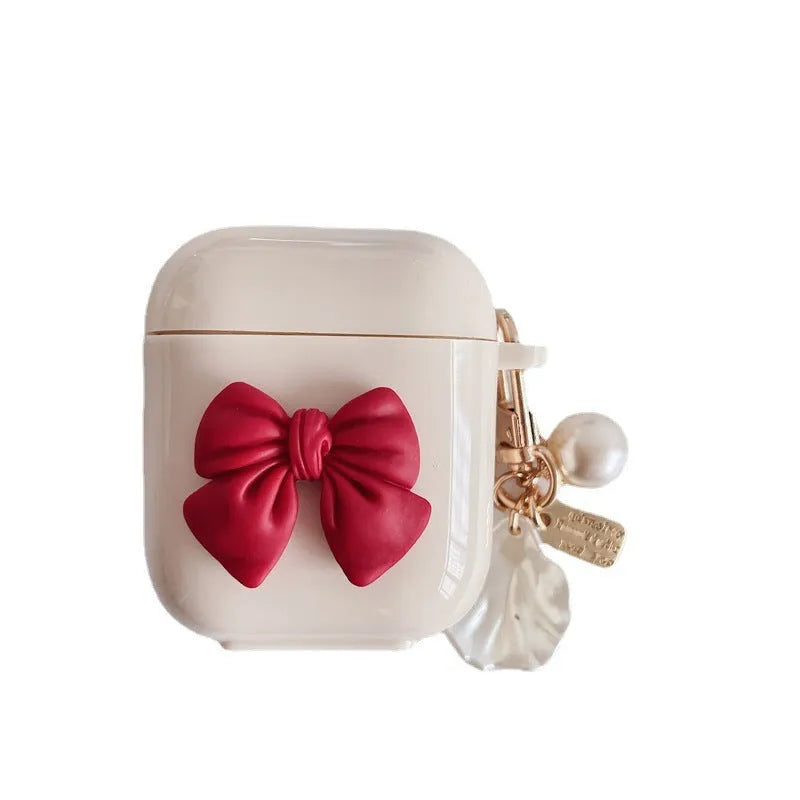 Beige red bow shell TPU clamshell case for AirPods wireless earphones