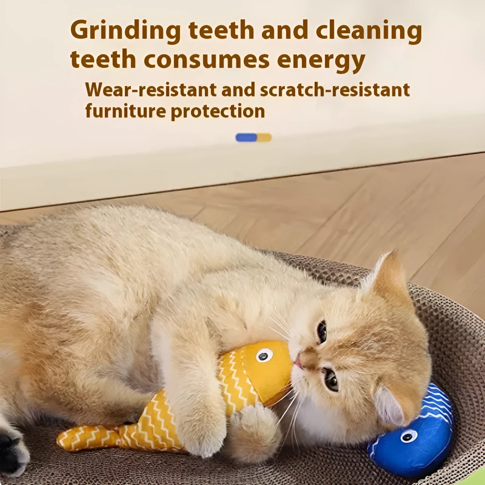 Catnip stuffed fish toy for cats in blue, red and yellow colour options showing large and medium size comparison