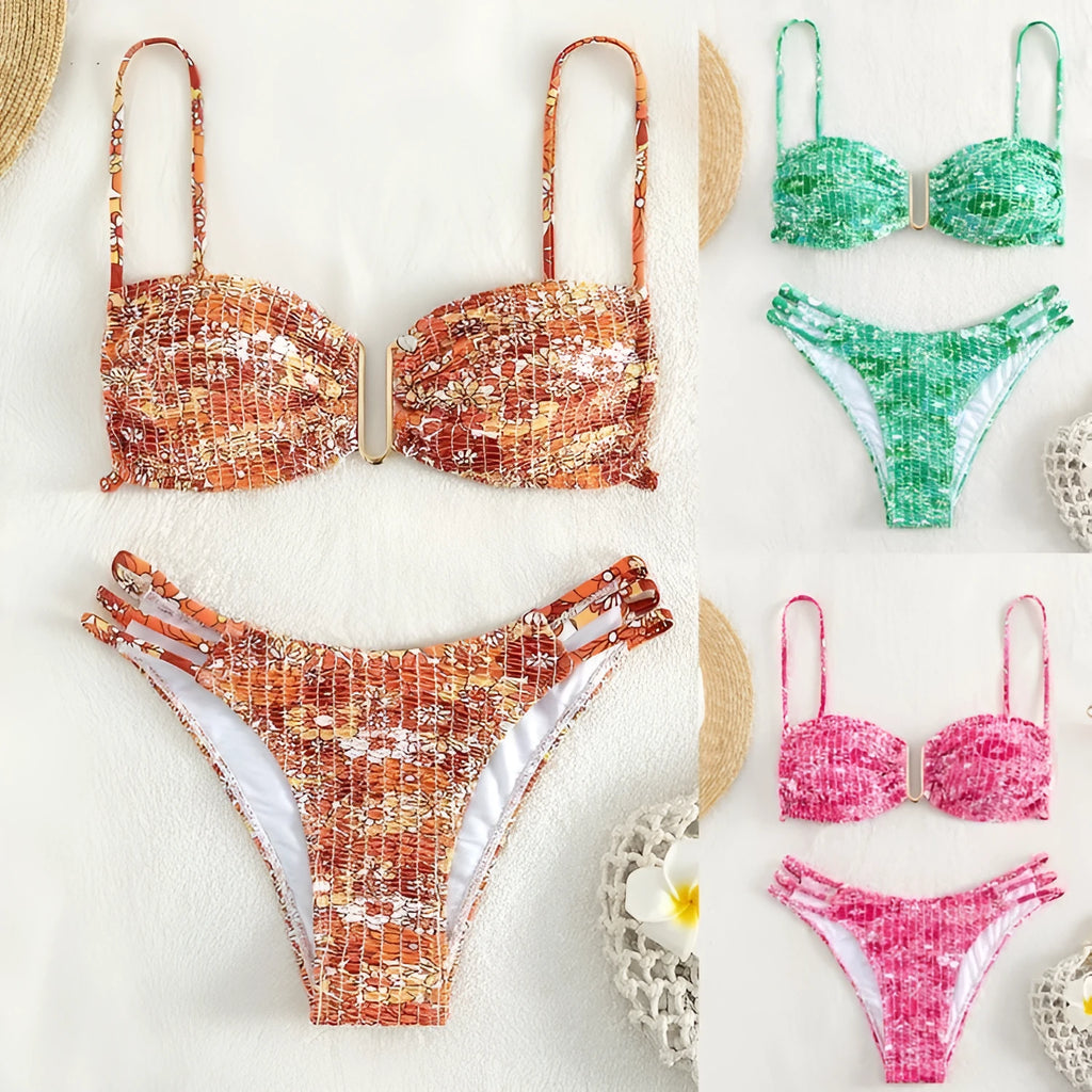 Women's high-waist floral bikini swimsuit in blue, orange, rose red, and pink colour options