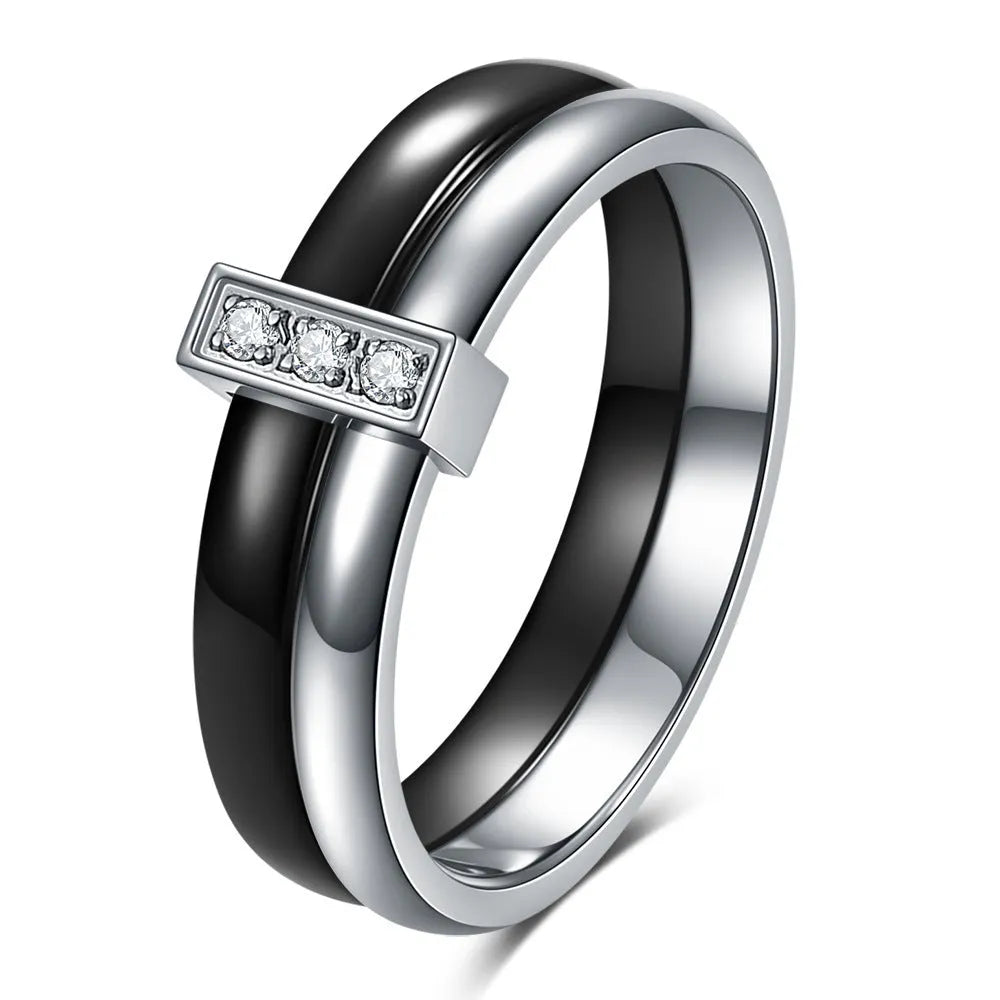 Ceramic geometric ring with glossy stitching inlaid zirconium in steel black colour