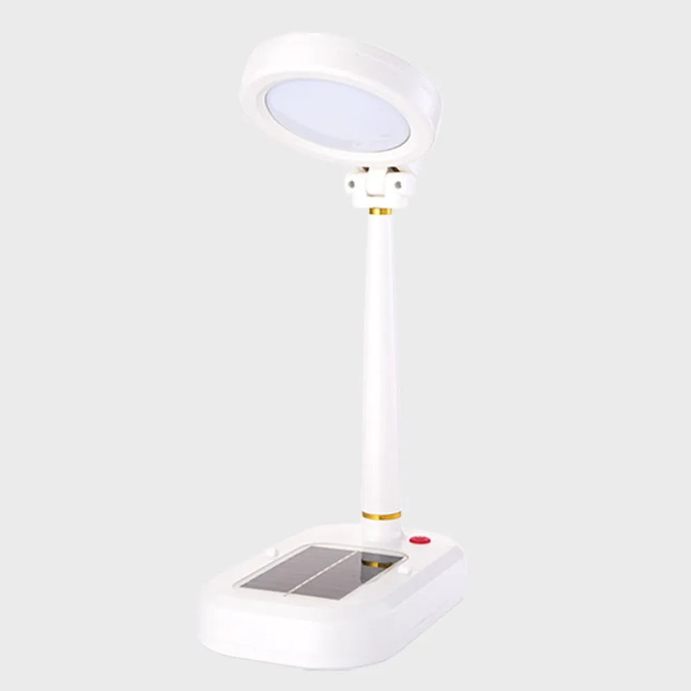 Ivory white solar charging table fan with dual-purpose LED study lamp on desk