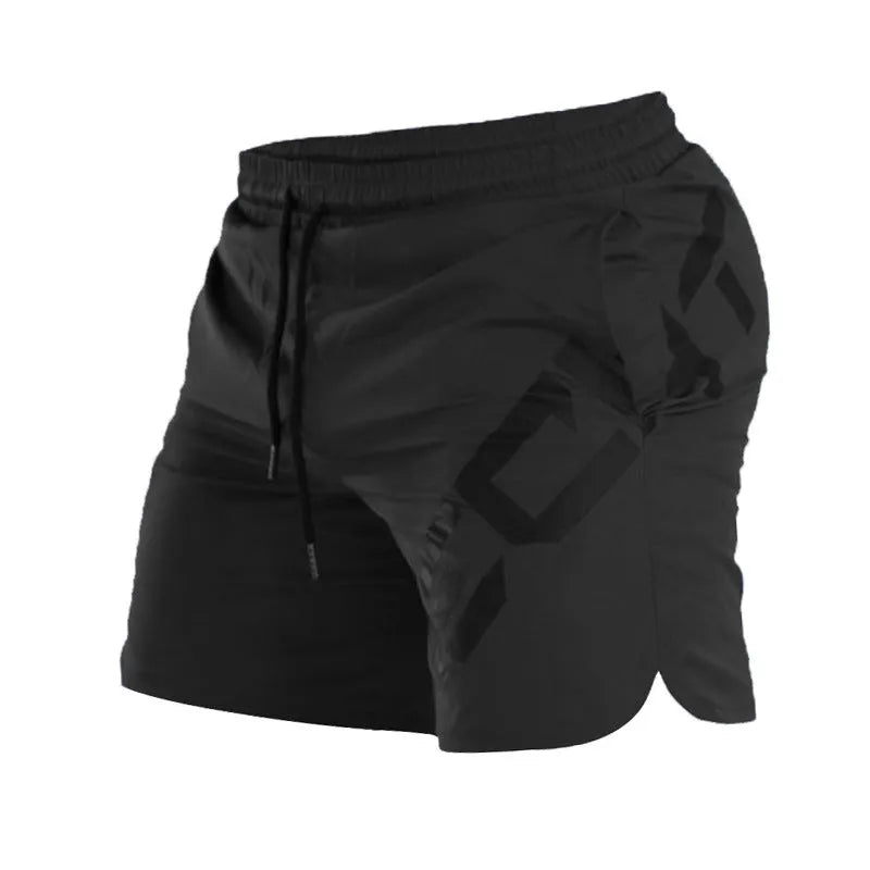 Men's black quick-dry elastic waist running shorts on a white background.
