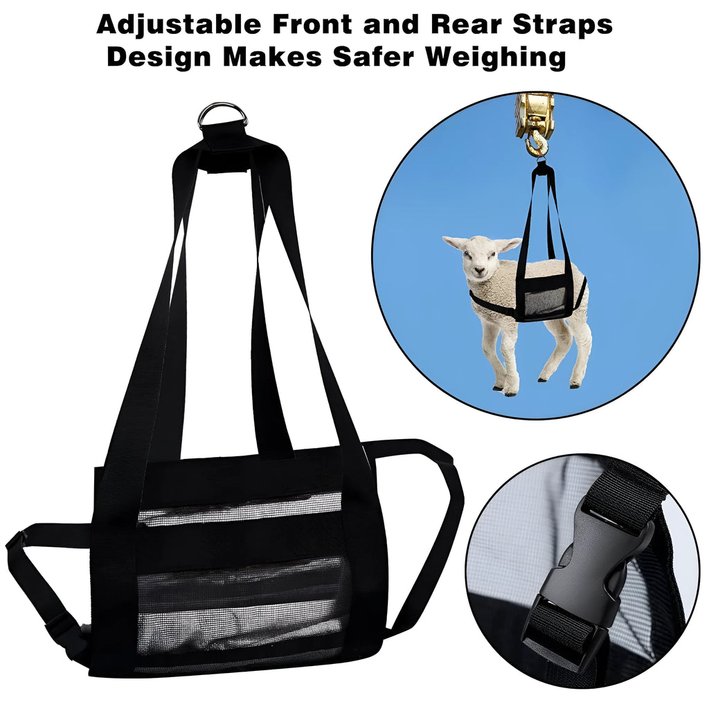 Black calf and large dog weighing sling laid flat showing its 150 cm length and 35 cm width