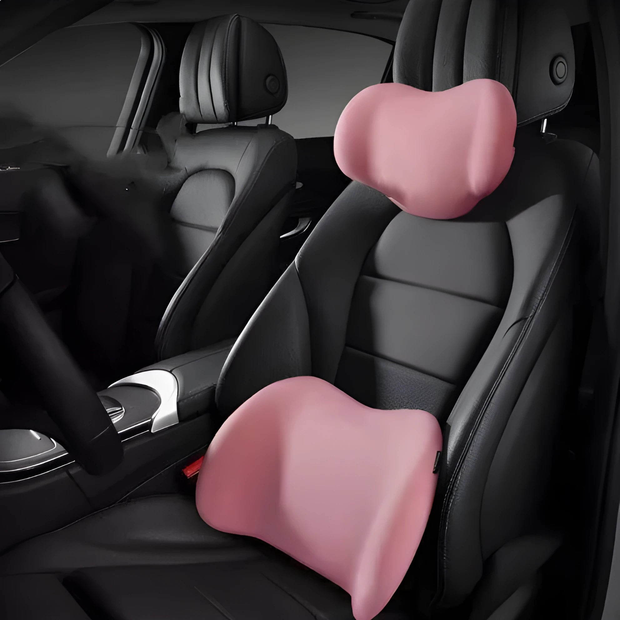 Memory cotton car headrest and waist cushion set in black, green, grey, or pink colours