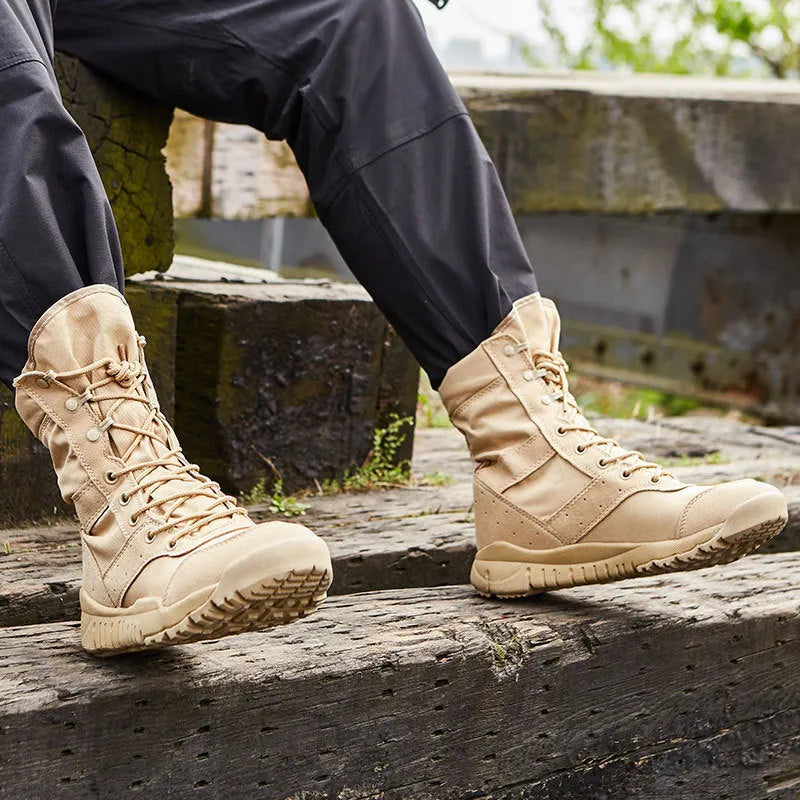 Yulong Combat Boots tactical desert climbing footwear in black and sand colours for outdoor hiking and camping