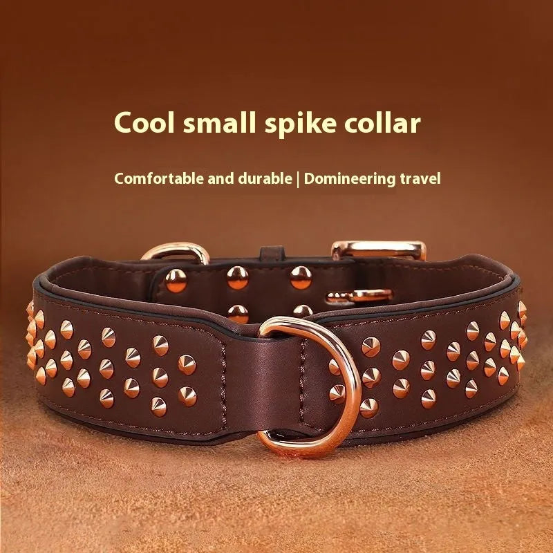 Leather dog collar with metal rivets in chocolate brown, shown in size L