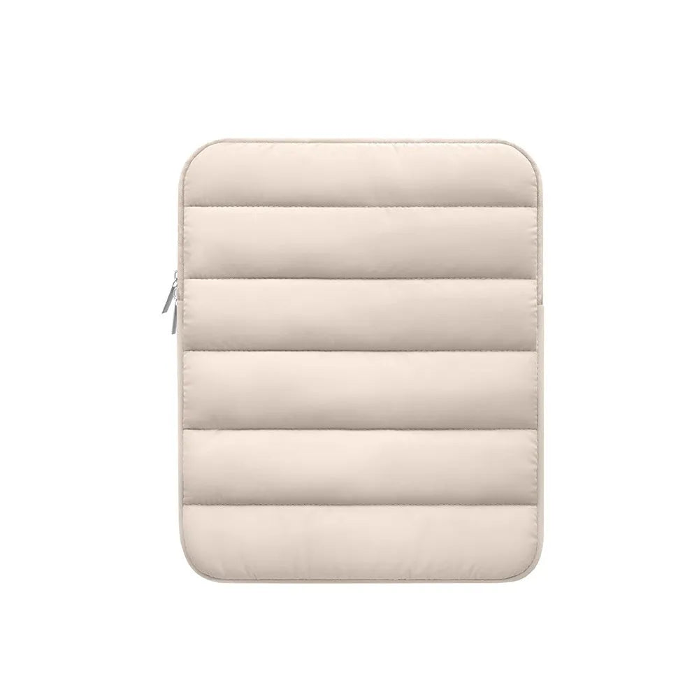 Black elastic laptop sleeve for 9.7-11 inch devices with puff cushioning and waterproof polyester