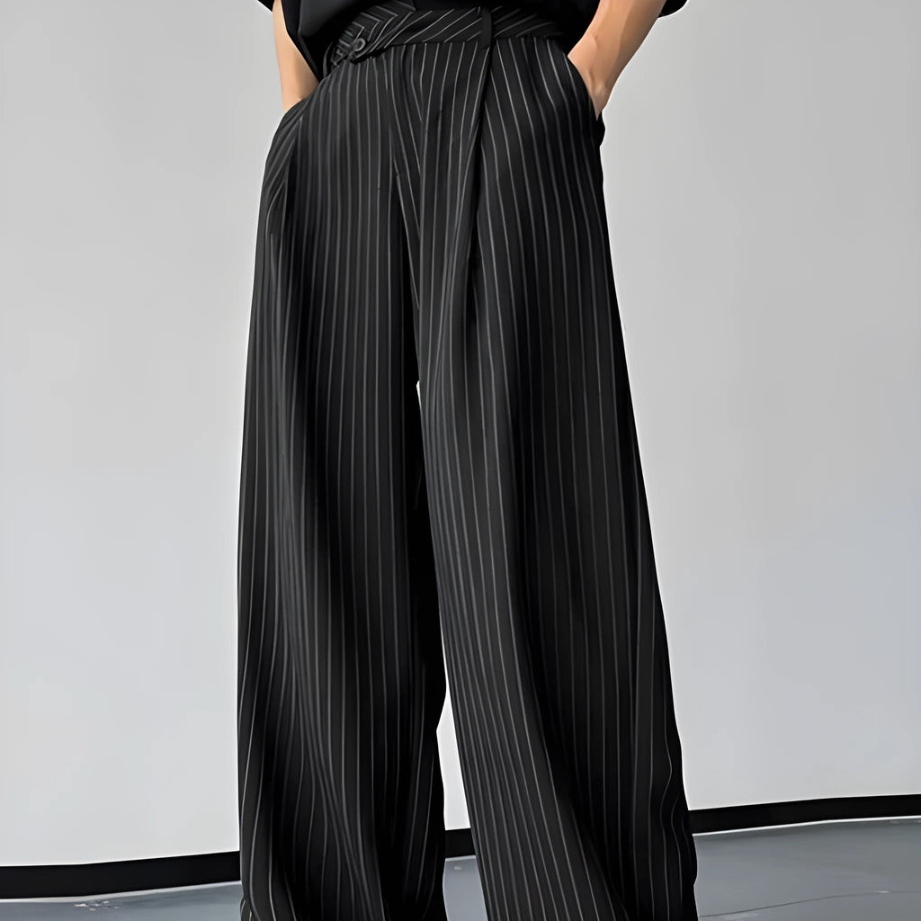 Black men's casual trousers with vertical stripes and pleated design on mannequin