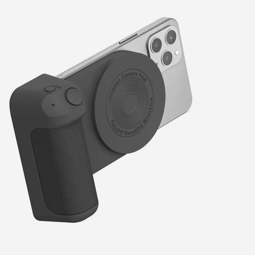 Black magnetic phone holder with ergonomic camera-style grip showing rotatable stand function