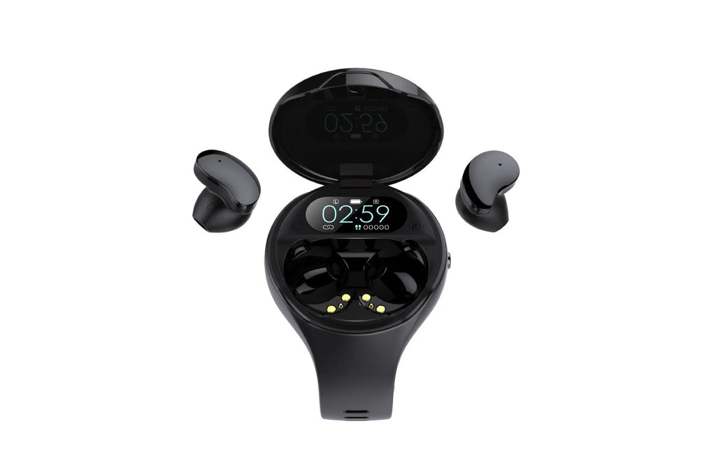 Black detachable Bluetooth earbud and smart fitness bracelet combo on a wrist.