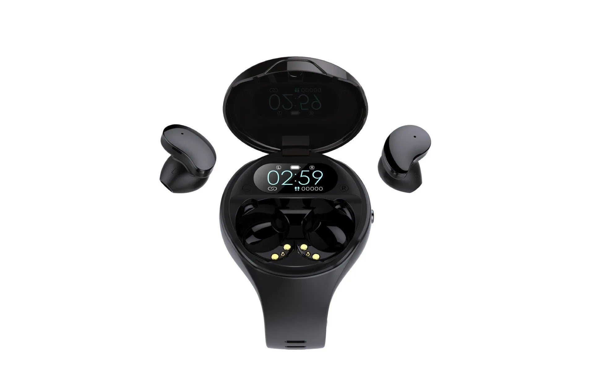 Black detachable Bluetooth earbud and smart fitness bracelet combo on a wrist.