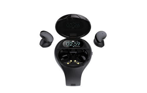 Black detachable Bluetooth earbud and smart fitness bracelet combo on a wrist.