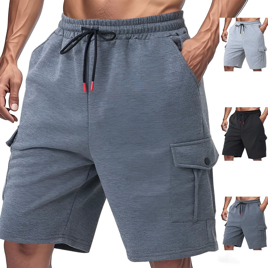 Men's loose fit cargo shorts in terry fabric with multiple pockets available in light grey, black, and dark grey colours