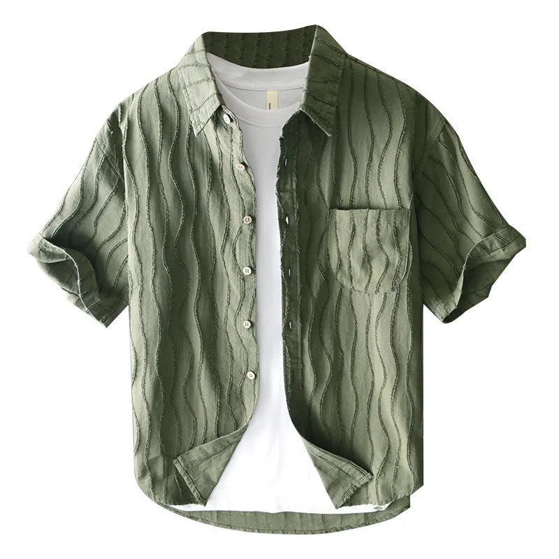 Men's pure cotton short sleeve shirt in loose Japanese style, apricot colour