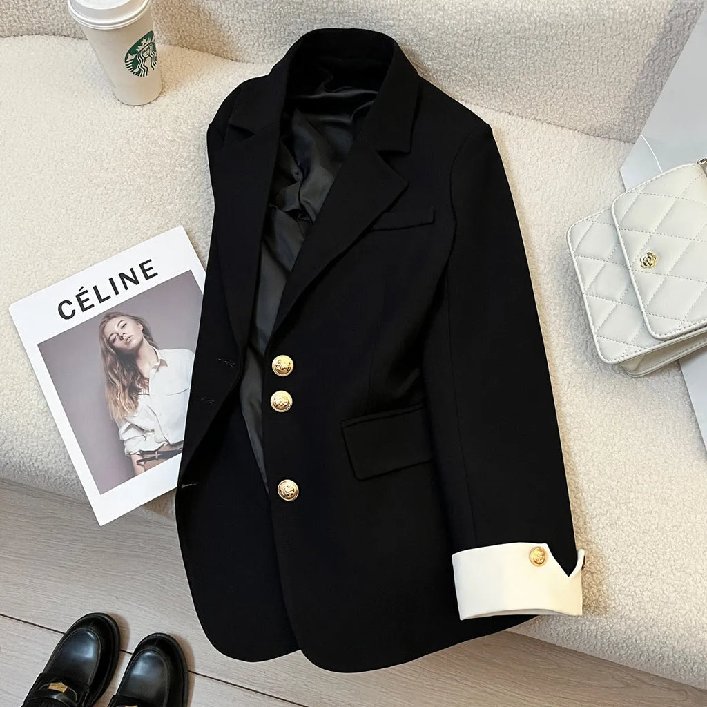 Women's loose mid-length coat in Korean style with long sleeves and pocket details