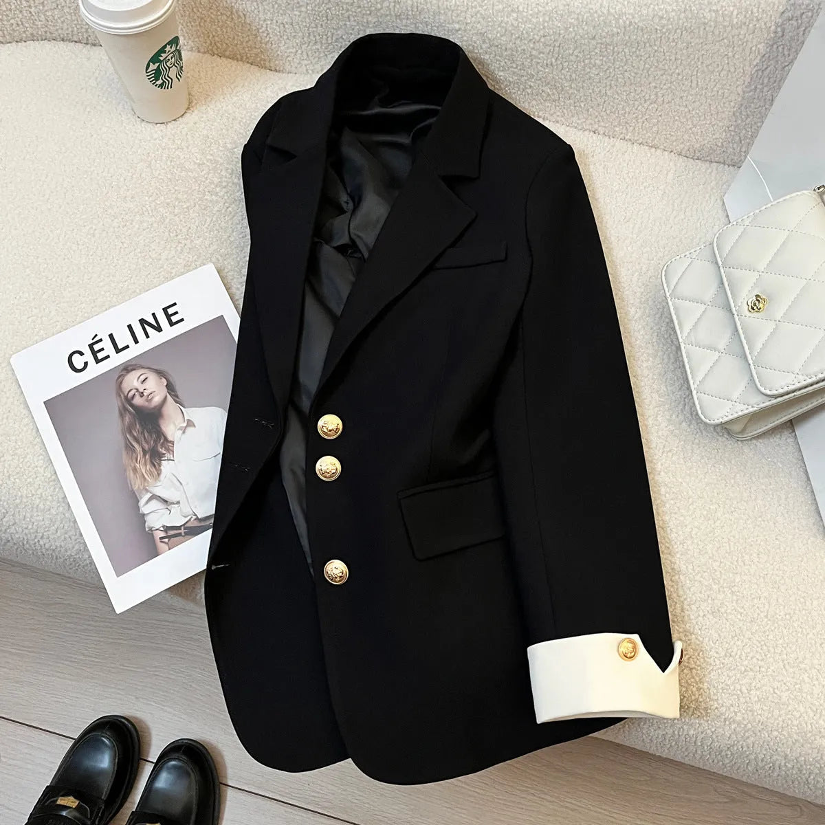 Women's loose mid-length coat in Korean style with long sleeves and pocket details