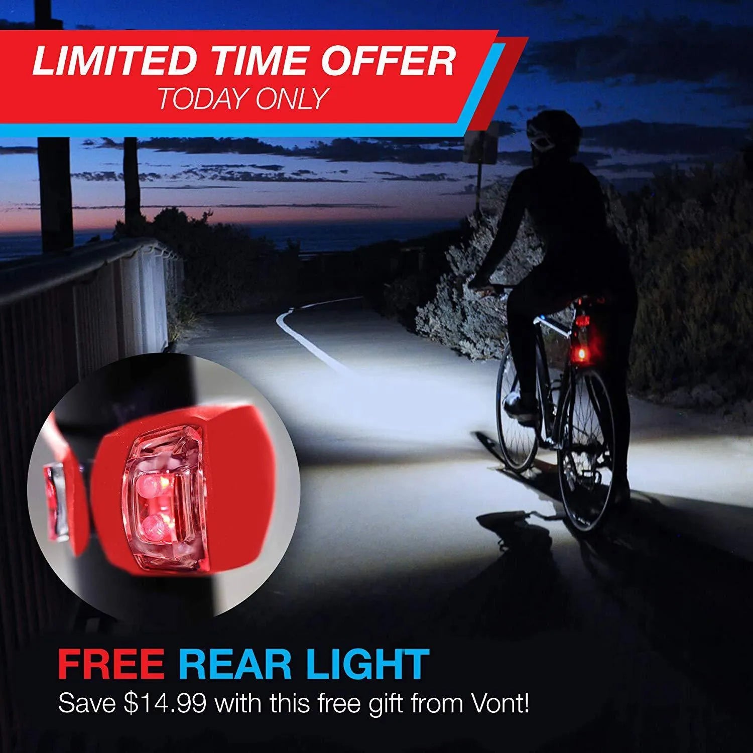 Bicycle headlight and red taillight set with mounting brackets on a bike.