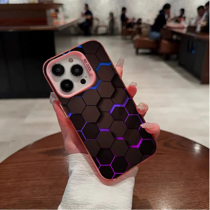 Frosted protective phone case for Apple iPhone with honeycomb square design in moonlight colours.