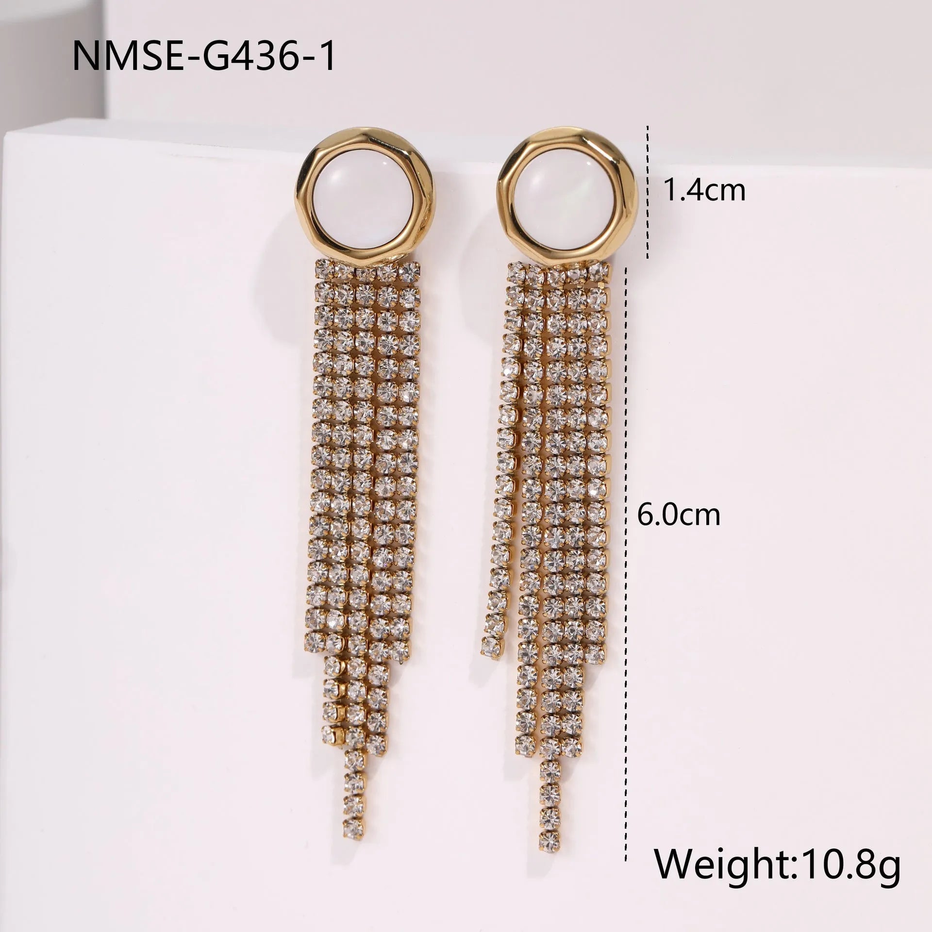 Stainless steel earrings with love heart and star geometric designs featuring diamond tassel drops and 18K electroplated finish