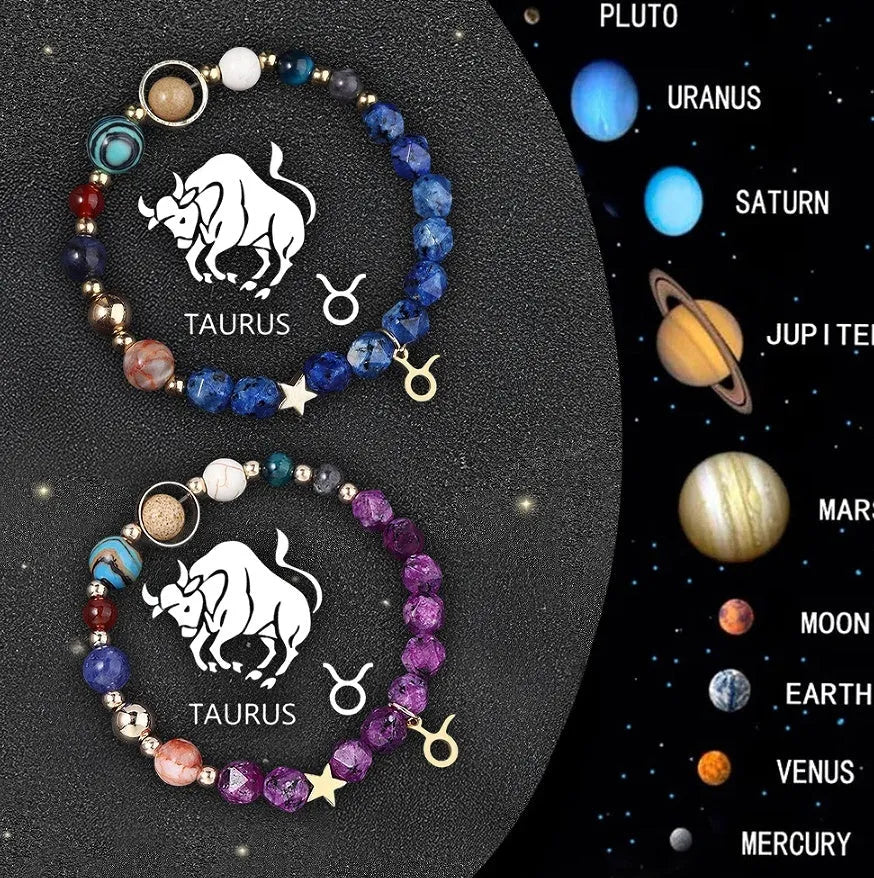Natural stone bead zodiac bracelet set showing all twelve astrological signs