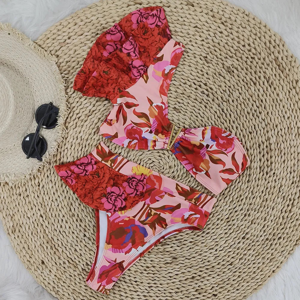 Pink and red floral print one-shoulder ruffled swimsuit top with matching high-waist bikini briefs