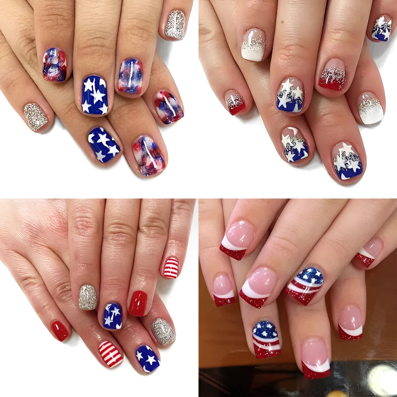 American Independence Day press-on false nails with red, white and blue star design in short square shape