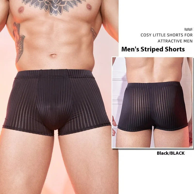 Men's striped underwear set in black, white, and dark grey colours showing thin transparent nylon fabric
