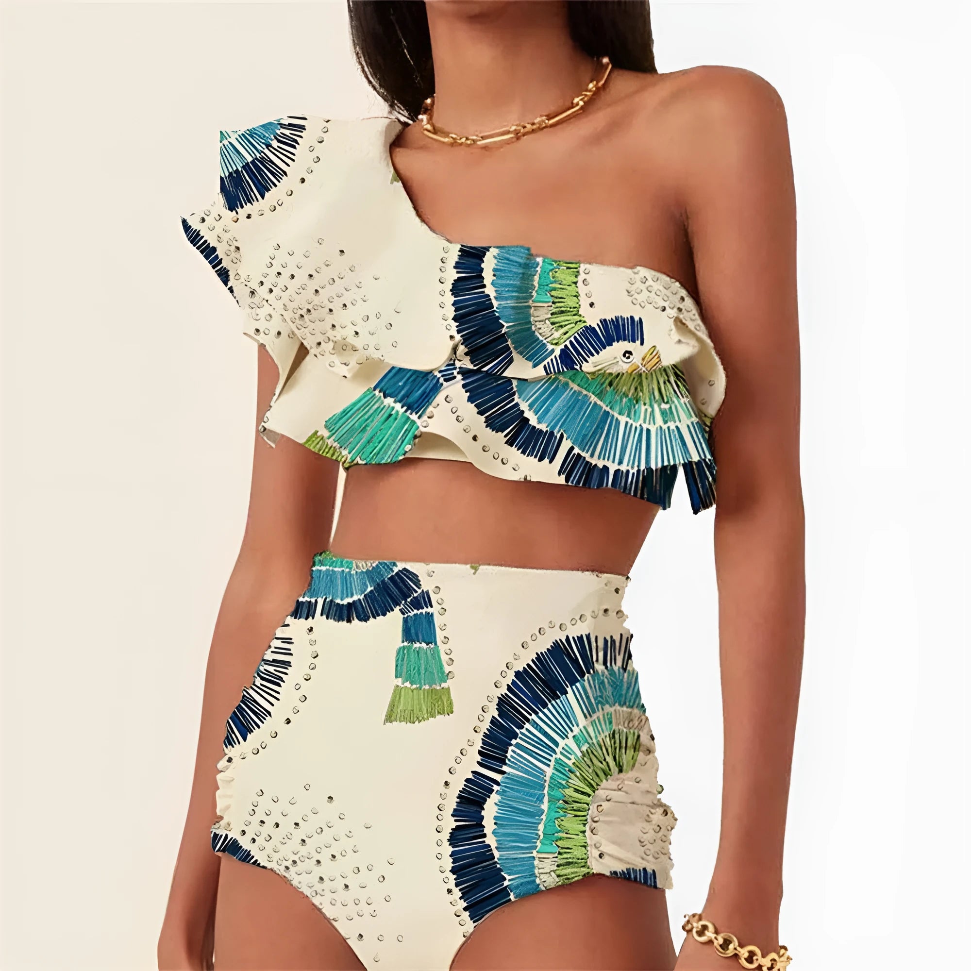White women's one-shoulder swimsuit with double-layer lotus leaf design and split bikini style