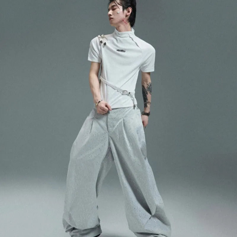 Men's black cotton short-sleeve T-shirt with a stand-up collar and metallic belt detail on a slim fit.