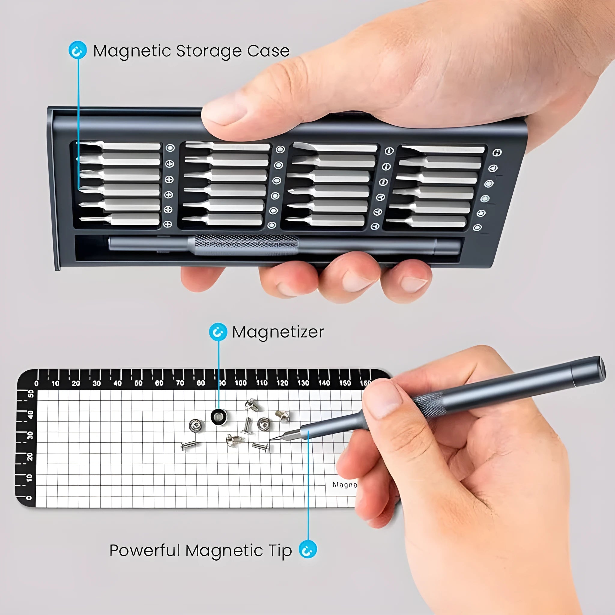 25-in-one screwdriver set with magnetic tip, chrome vanadium steel bits, and two ABS handle options on a white background