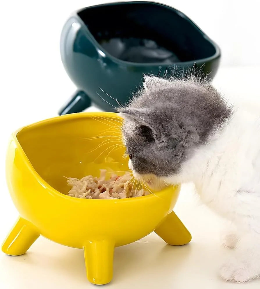 Green ceramic cat food bowl with four-leg stability base on wooden floor