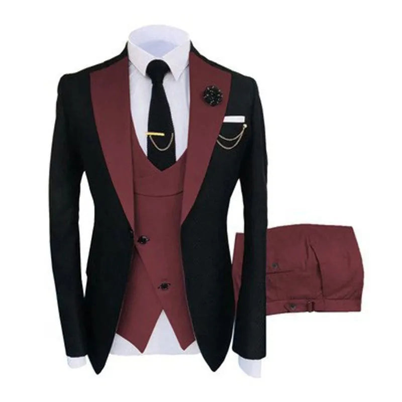 Men's slim fit three-piece business suit in black, shown with coat, vest, and trousers.