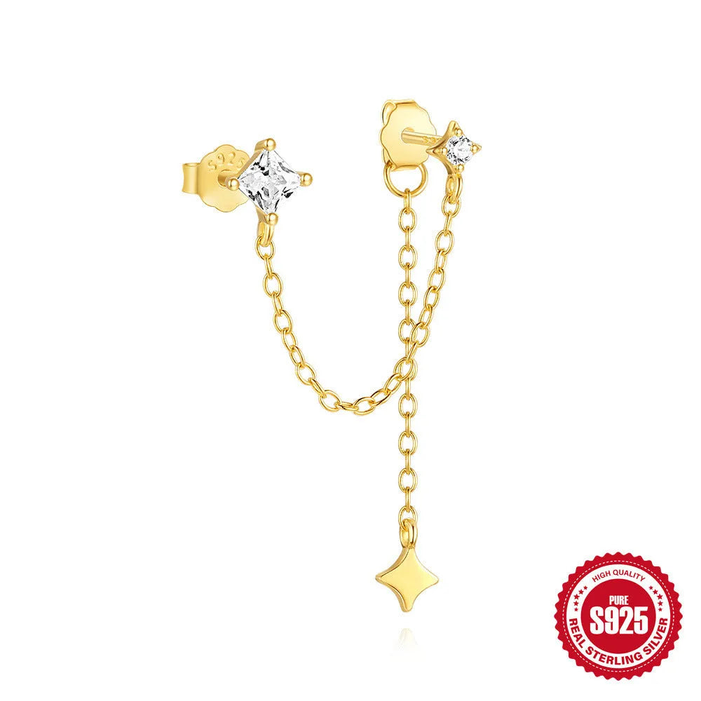 S925 sterling silver double ear piercings stud earrings with zircon inlaid chain in golden geometric designs