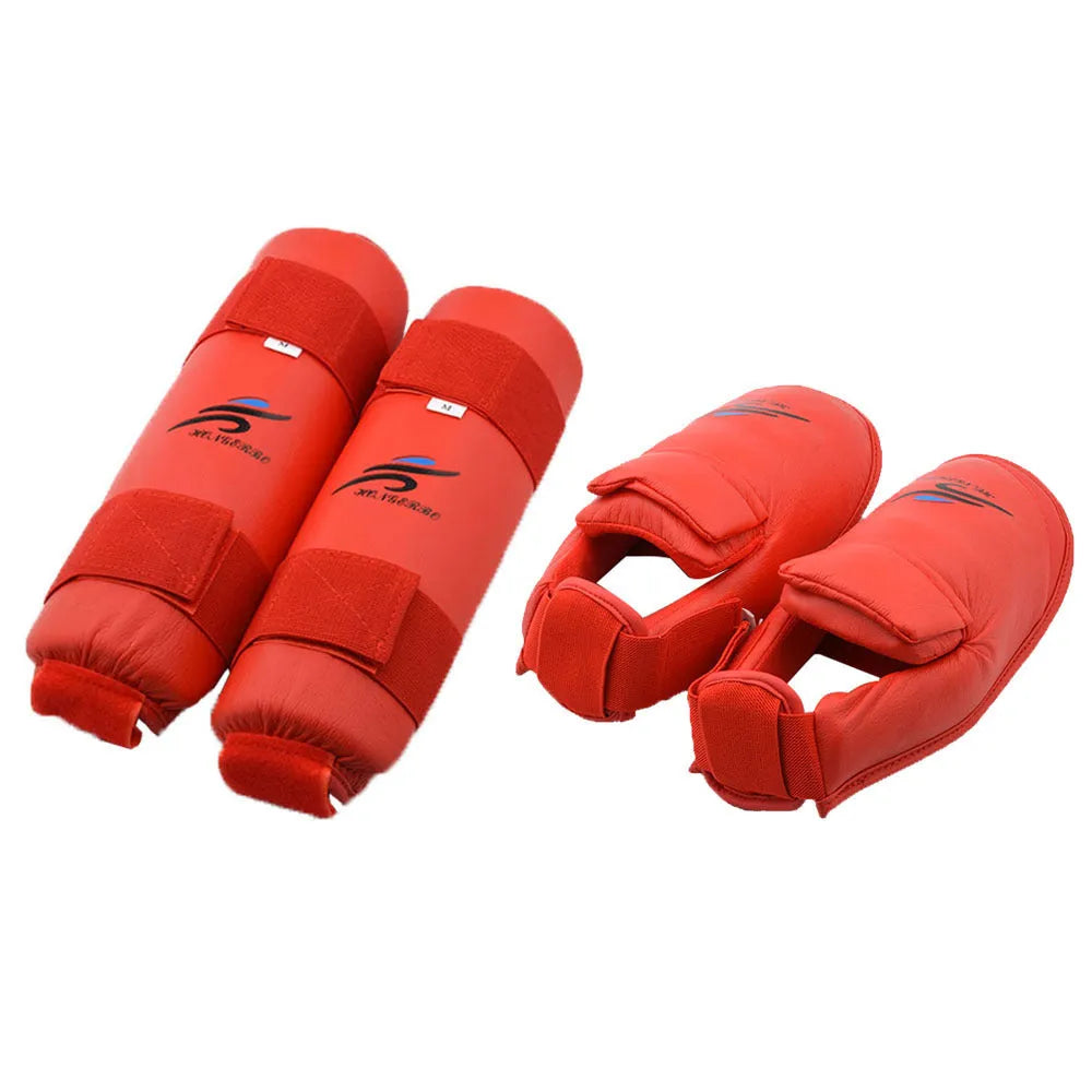Karate taekwondo protective gear set with leg guard, helmet, boxing gloves in red or blue