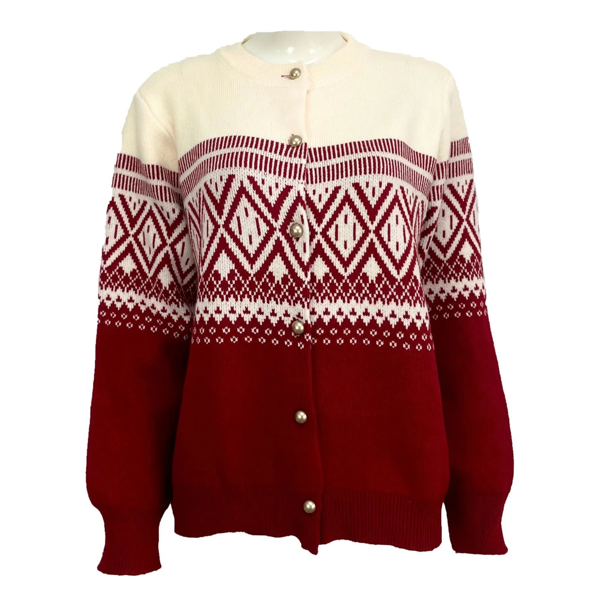 Women's grey alpaca wool cardigan with diamond knit pattern and contrast colour panels