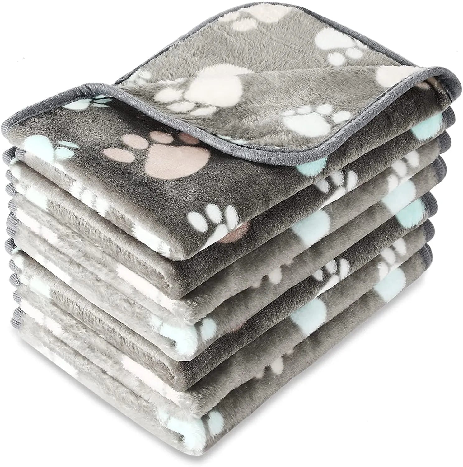 Coral fleece pet blanket with dog paw print pattern available in multiple colours and sizes for dogs and cats