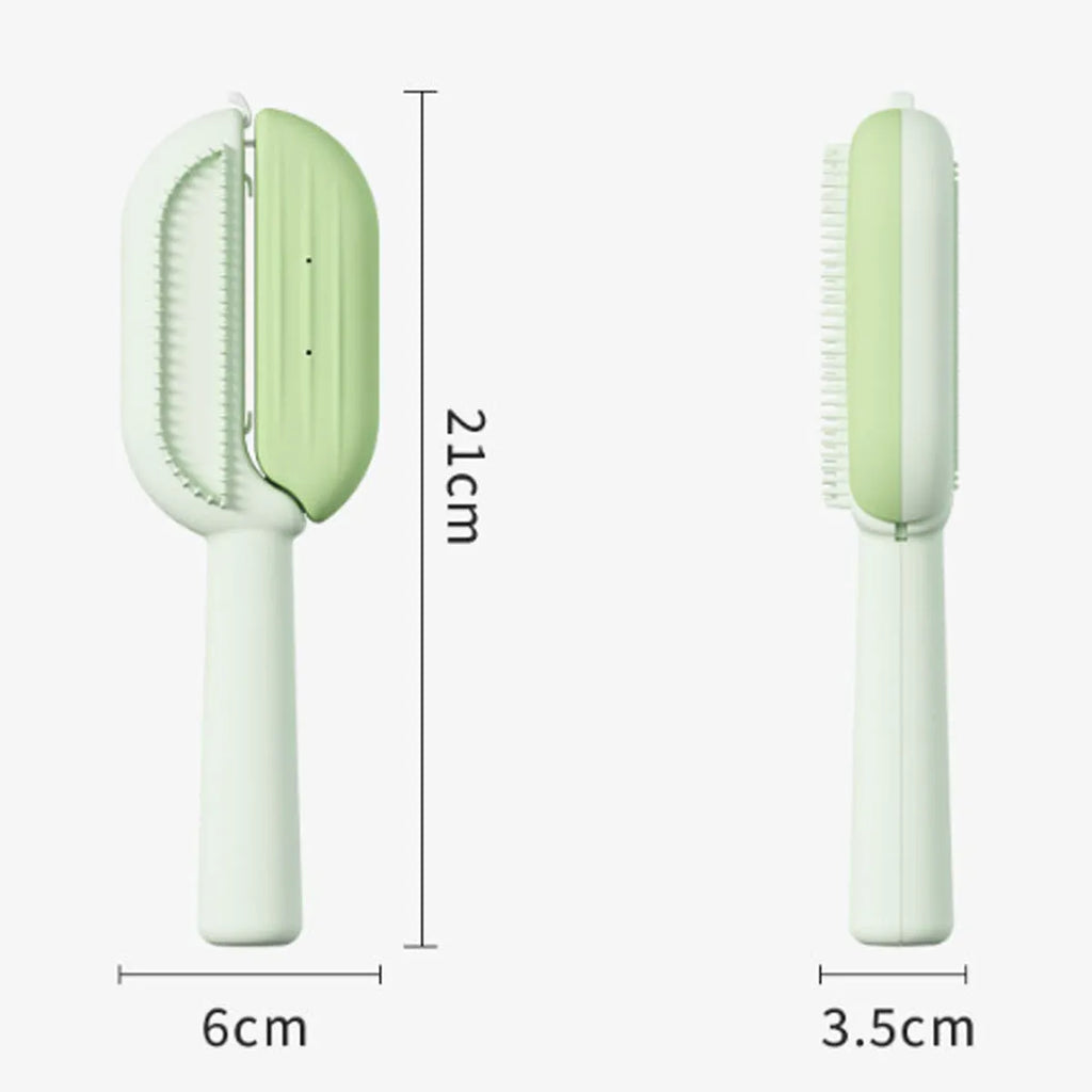 Blue pet grooming comb with water tank for dogs and cats on a white surface.
