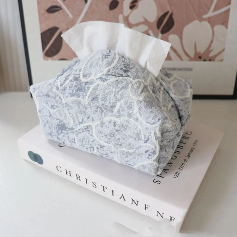 Cotton floral fabric tissue box cover in beige, blue, or brown, showing removable drawer.