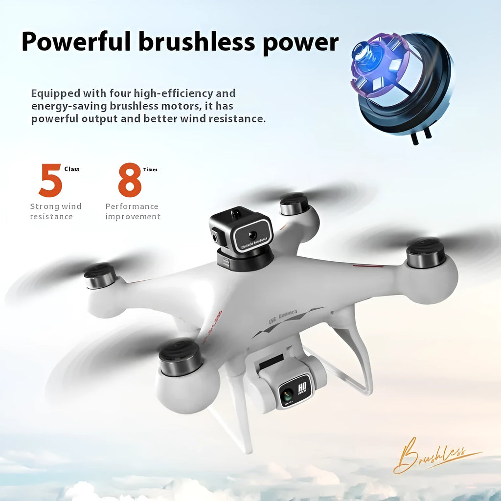 Brushless UAV drone with four-side obstacle avoidance and HD camera in flight position