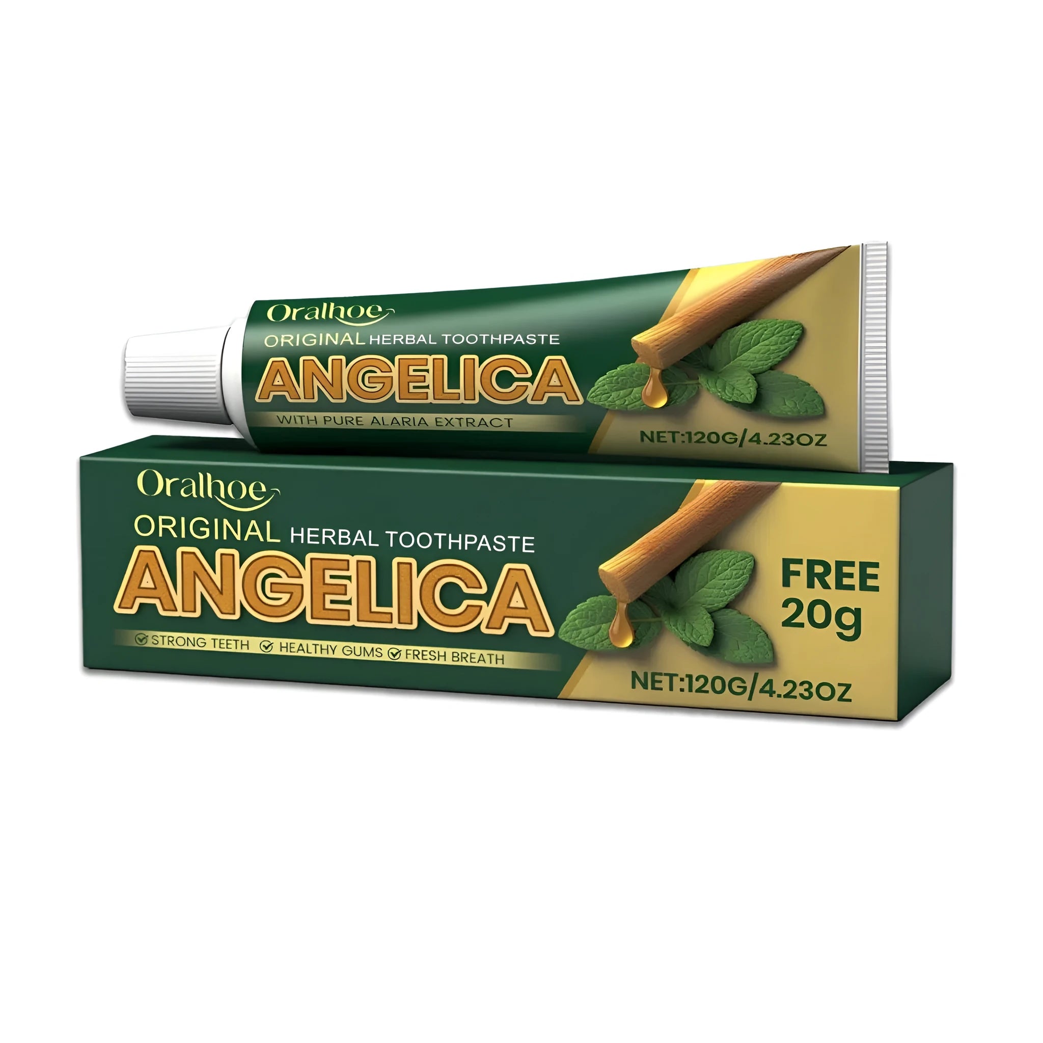 120g tube of herbal toothpaste with calcium carbonate, baking soda, mint, angelica sinensis and kelp extracts.