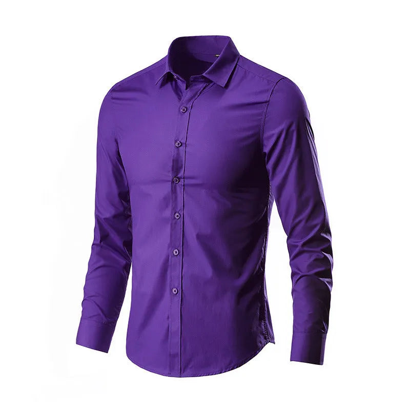 Man wearing a linen long sleeve slim fit shirt in a choice of 18 colours, showing the relaxed fit and sleeve detail.