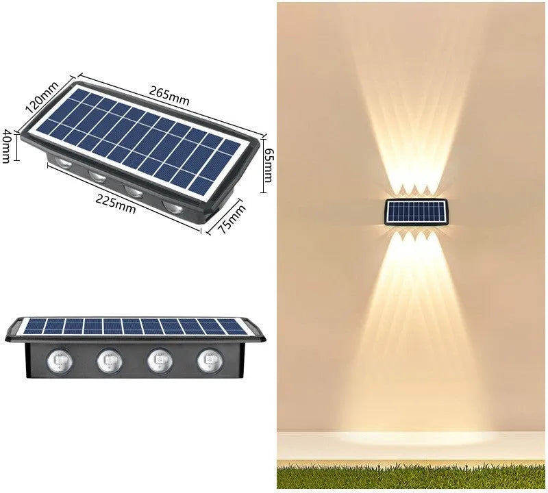 Solar outdoor wall light with 4 LED beads, ABS+PC housing, and glass polysilicon solar panel mounted on a brick wall
