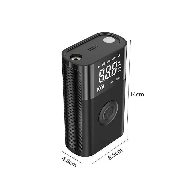 Wireless digital handheld tyre pump with LCD screen, black ABS body, and attached air hose with nozzles.