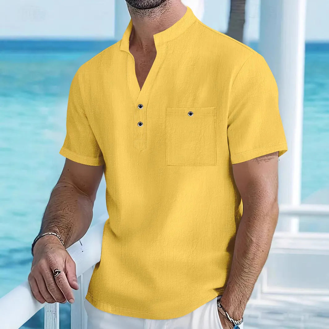 Men's linen blend stand collar short sleeve T-shirt in loose casual fit