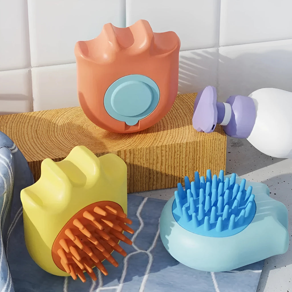 Blue pet bath brush with integrated shampoo box measuring 9cm long with massage comb bristles for dogs and cats